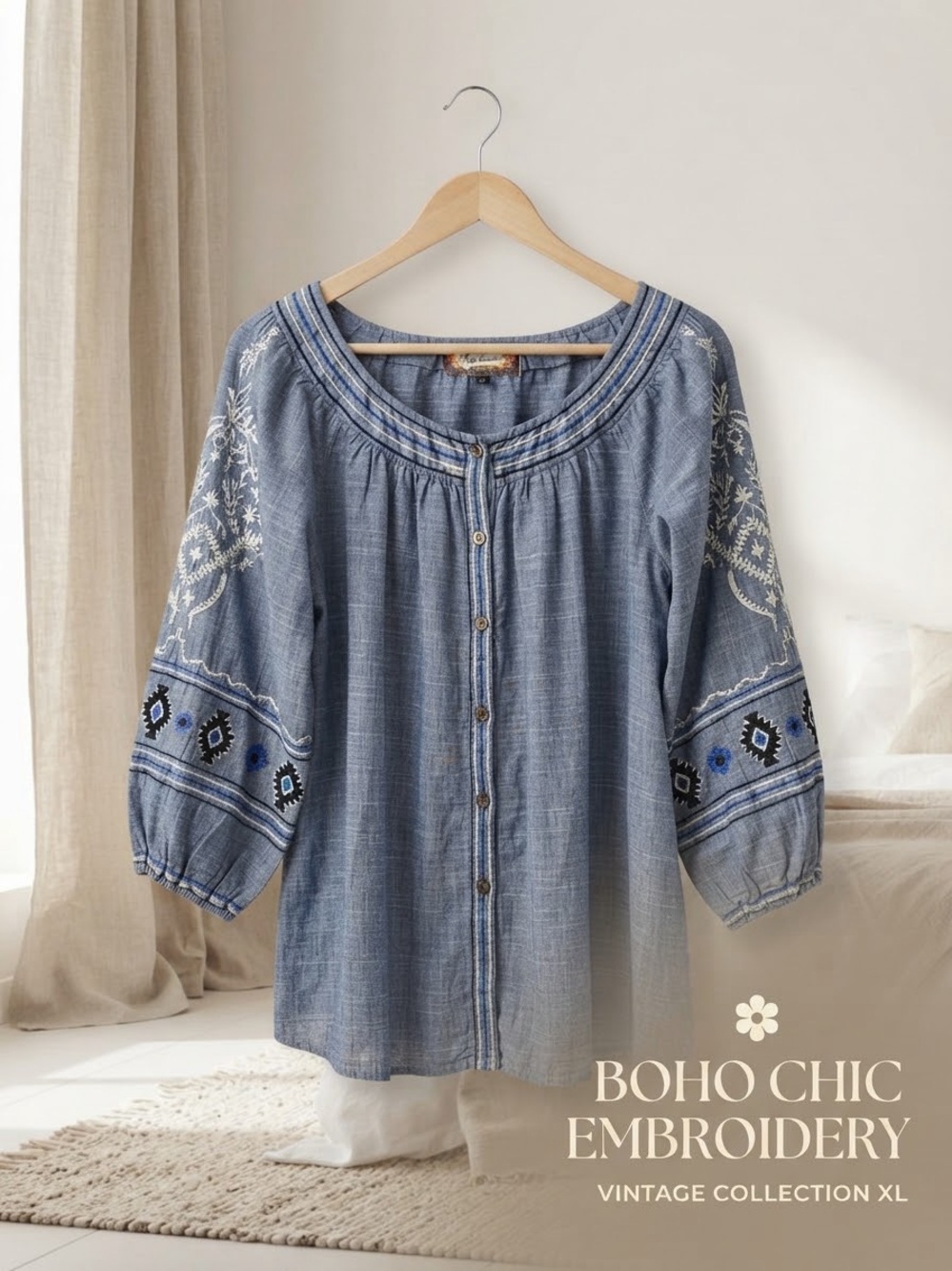 Vintage Collection Blue 100% Cotton Embroidered Boho Western Peasant Blouse XL